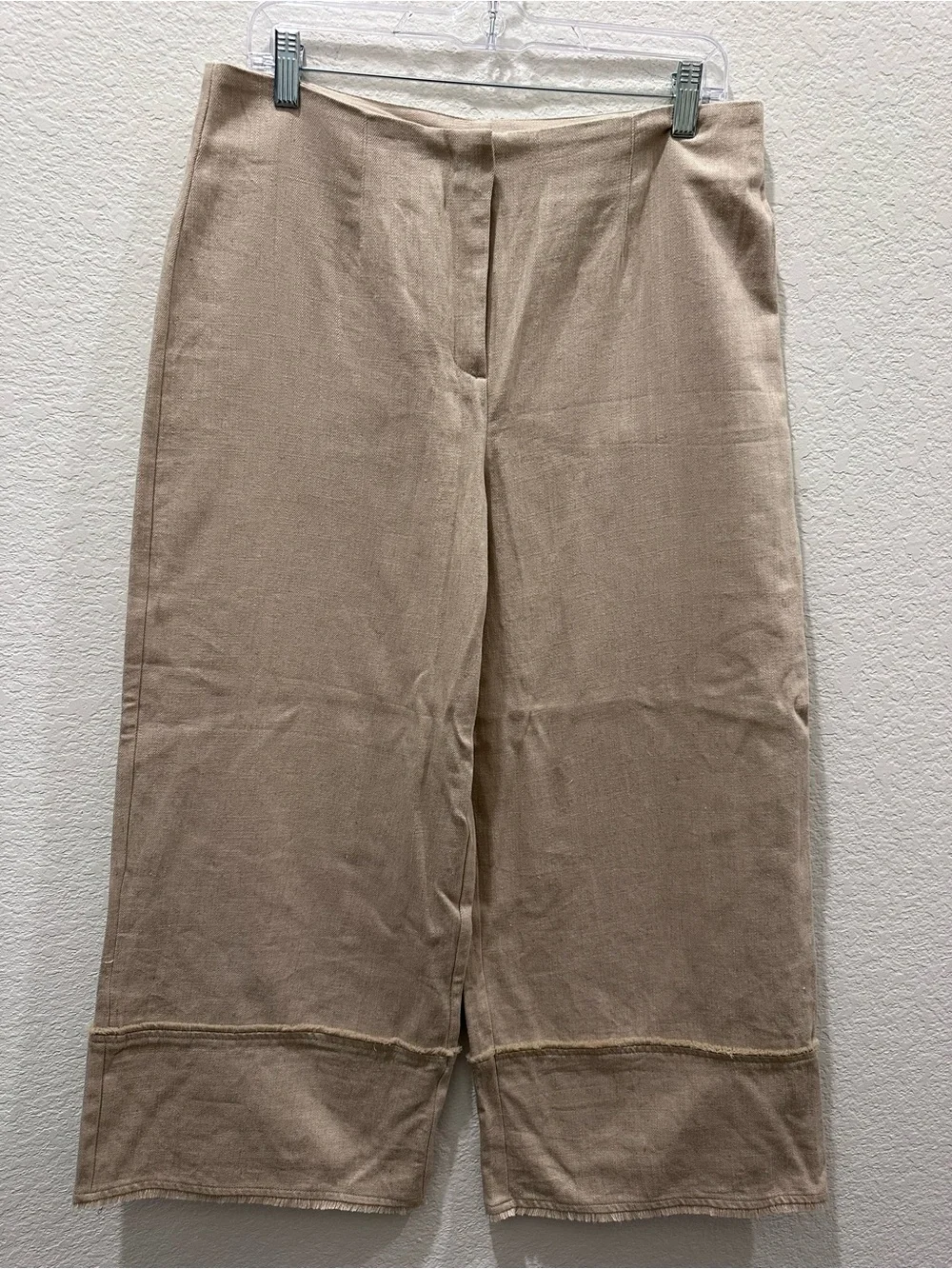 Zara Womens Tan Linen Blend Wide Leg Culotte‎ Pants Raw Hem Neutral Size L